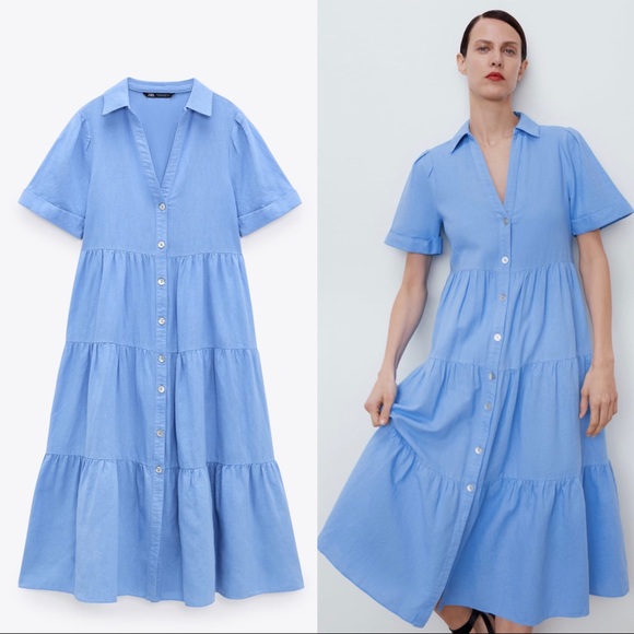 Zara | Dresses | Zara Tiered Midi Dress Blue | Poshmark